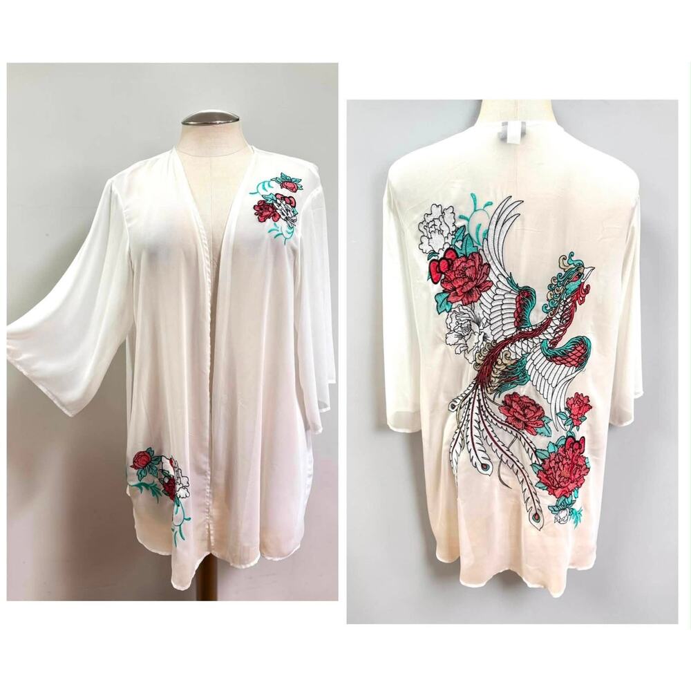 Torrid 2 (2X 18/20) Hello Kitty Chiffon Phoenix Embroidered Kimono Open Front